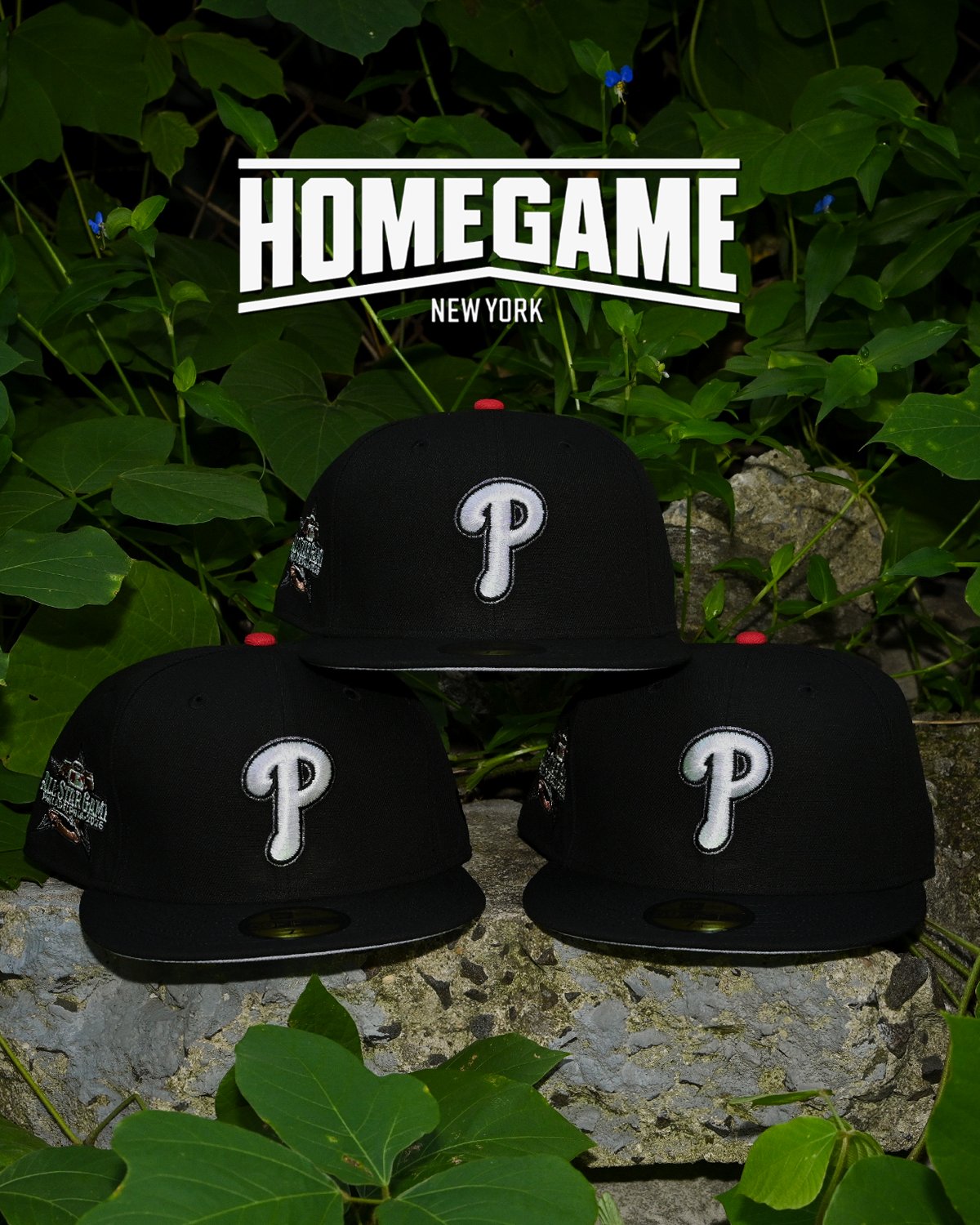 Three Philadelphia Phillies 2026 All Star Game Black/Metallic Iris 59Fifty New Era fitted hats, front P logo view