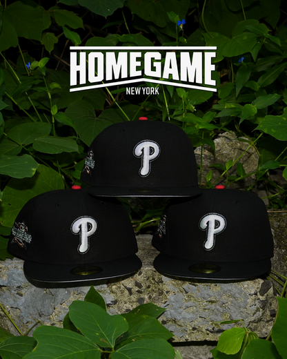 Three Philadelphia Phillies 2026 All Star Game Black/Metallic Iris 59Fifty New Era fitted hats, front P logo view