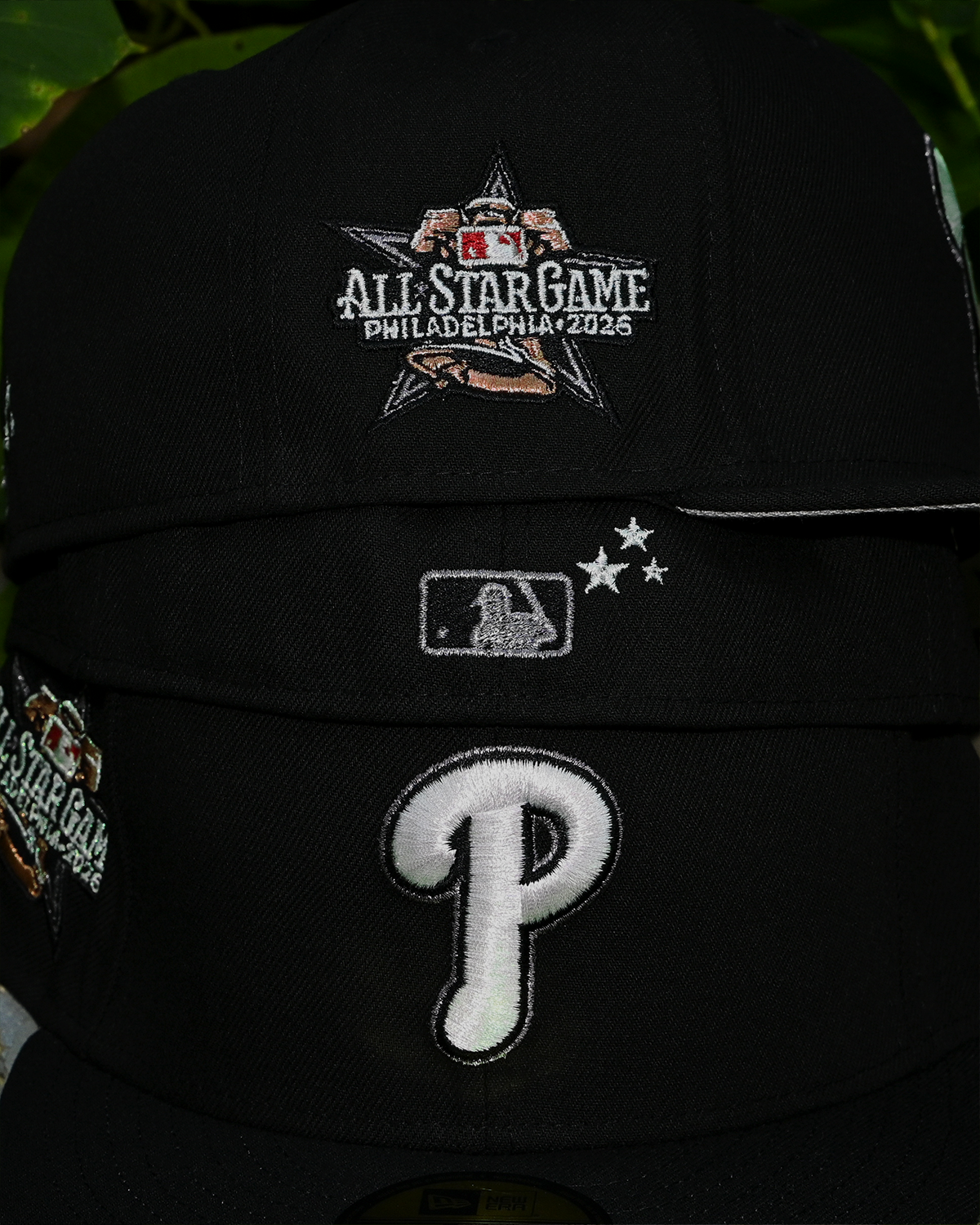 Detail of the metallic iris P logo, rear MLB batterman and stars embroidery on the Phillies 2026 All Star Game 59Fifty
