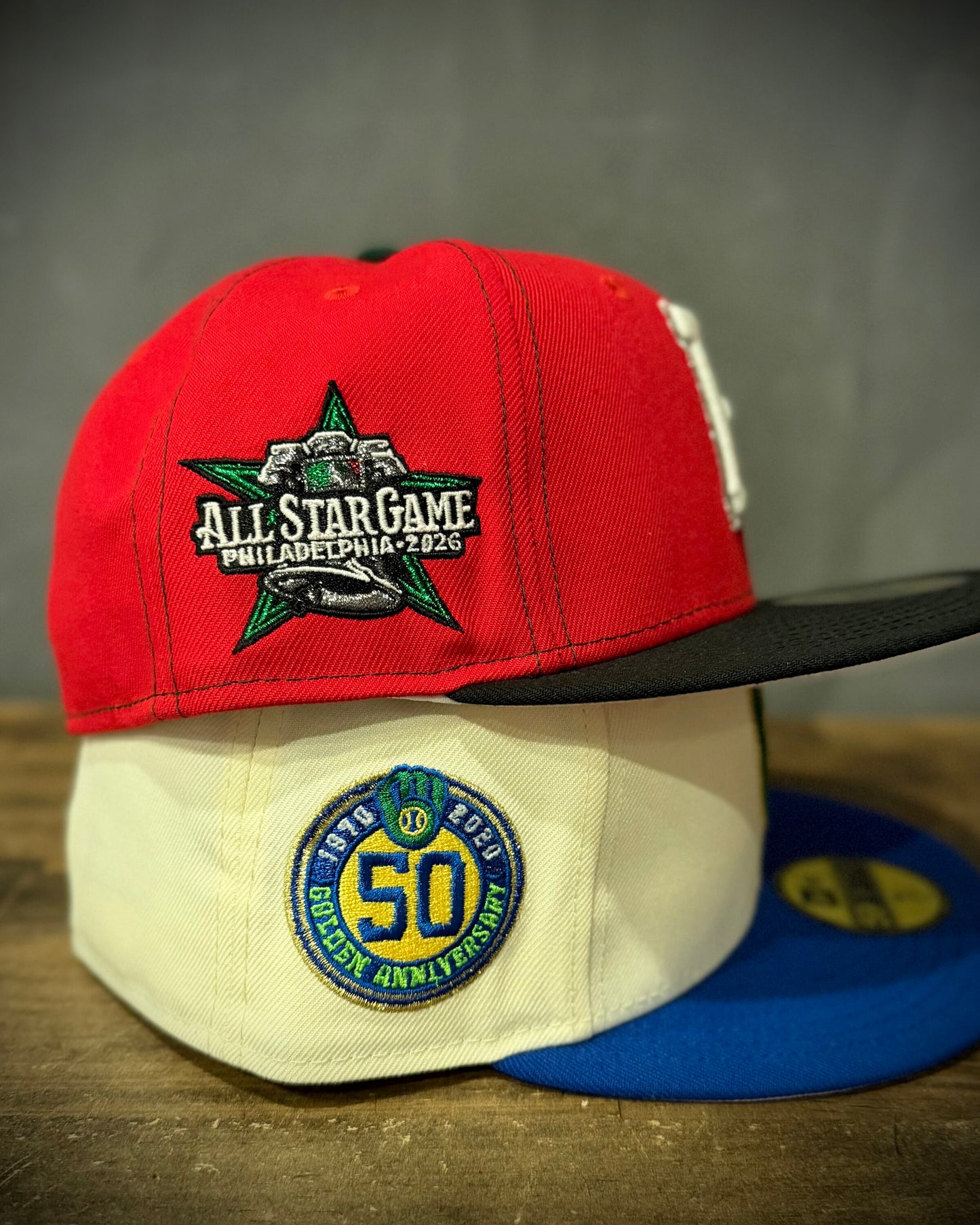 HomeGame Frosty Preme 2 Pack: Pittsburgh Pirates 2026 All Star Game and Milwaukee Brewers 50th Anniversary 59Fifty New Era fitted hats stacked