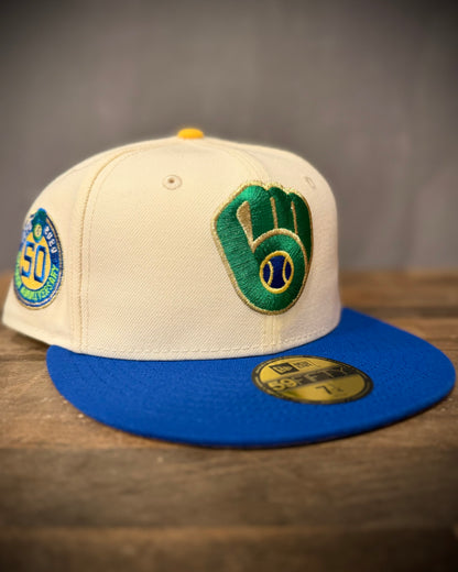 Milwaukee Brewers 50th Anniversary Chrome White/Royal 59Fifty New Era front view