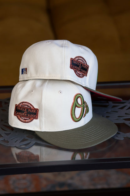 Baltimore Orioles 20th Anniversary in Chrome White/New Olive 59Fifty New Era Hat