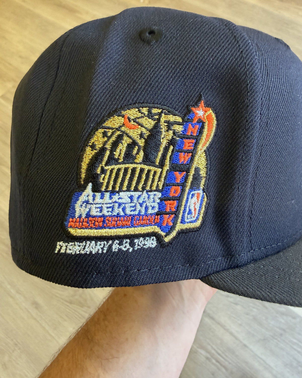 New York Knicks 1998 All Star Weekend 59Fifty, close view of the 1998 All Star Weekend Madison Square Garden side patch dated February 6 to 8 1998