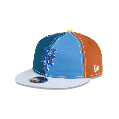 Mets x Sean Wotherspoon Retro Crown 9Fifty Snapback, three quarter view from the left with the embroidered Mets logo on multicolor panels