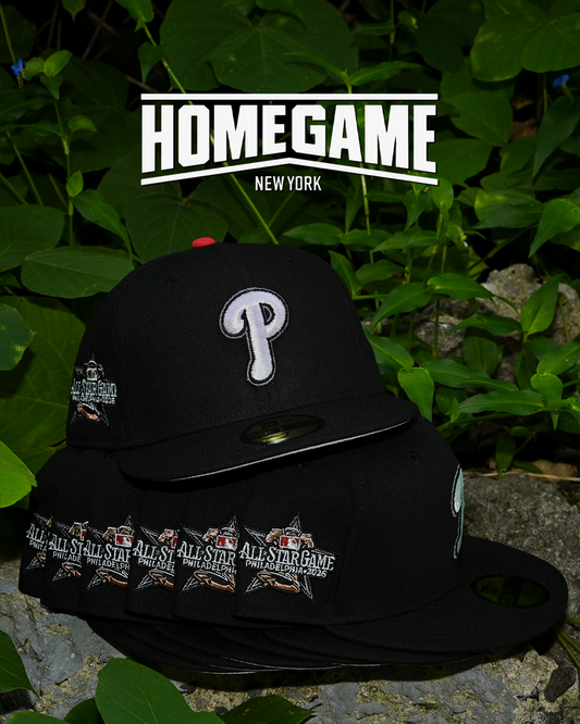 Philadelphia Phillies 2026 All Star Game Black/Metallic Iris 59Fifty New Era fitted hats with All Star Game Philadelphia 2026 side patch, HomeGame New York