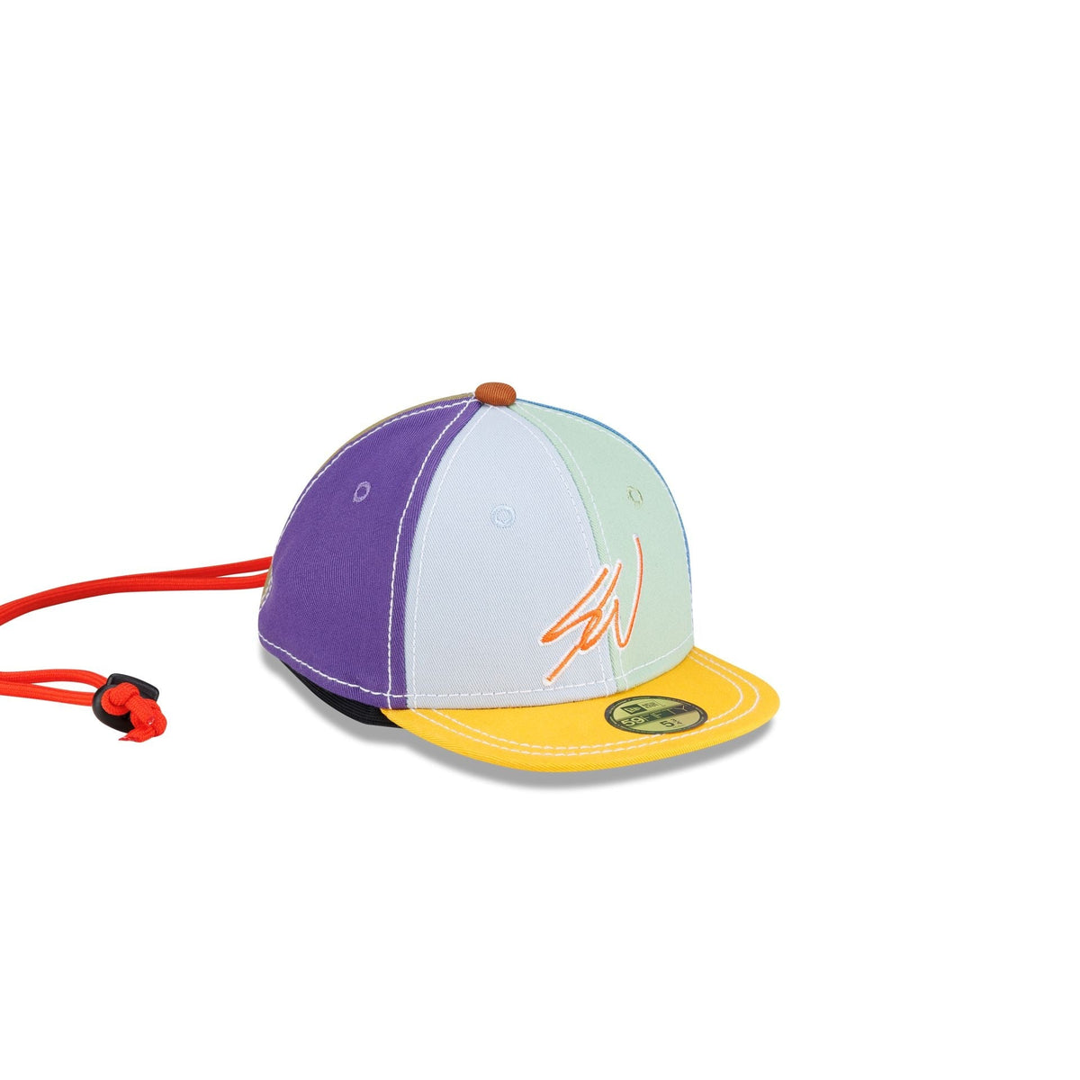 Sean Wotherspoon Mini 59Fifty Earphone Case, three quarter view from the right with the signature and the 59Fifty sticker on the yellow visor