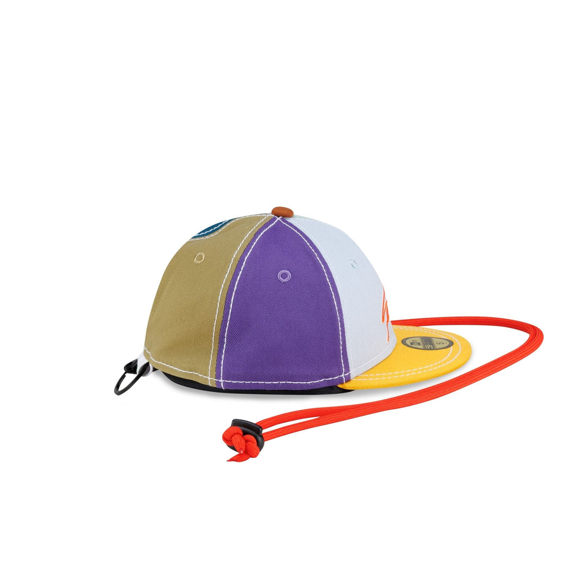 Right side of the Sean Wotherspoon Mini 59Fifty Earphone Case showing the purple and khaki panels and the carabiner